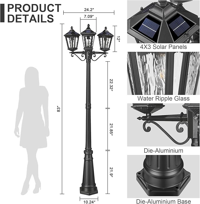 Lamp Post Lights 3-Head Outdoor Solar Post Lamp with High Posts, Dusk to Dawn Remote Control Waterproof Exterior Pillar Latern Hardwired Street Light for Patio Garden Walkway