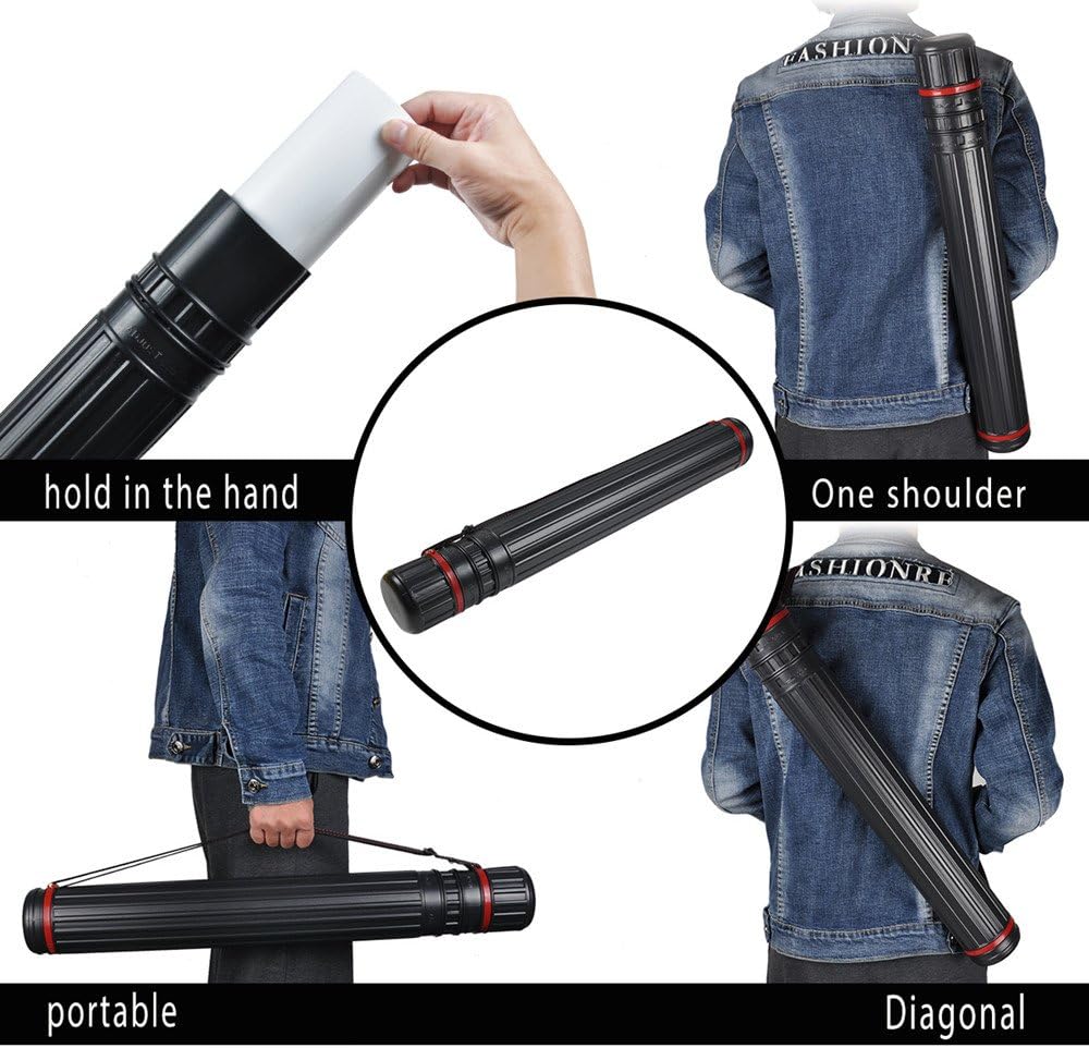 DEWEL Drawing Tube Blueprint Case Telescoping Art Tube Expands from 30”to 52”, Large Plastic Black Fishing Rods Storage Tube Waterproof and Light Resistant Poster Tube with Strap (XL Size)