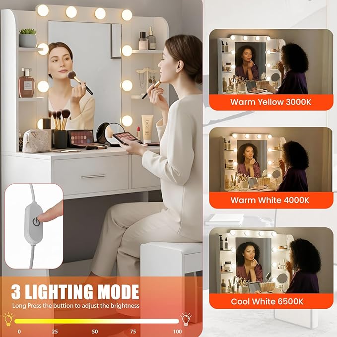 Vanity Desk with Mirror & Light, Makeup Vanity Table with Power Strip, Hair Dryer Holder & 2 Drawers & 3 Open Shelves, 3 Lighting Modes Adjustable Brightness, Dressing Table Set, White