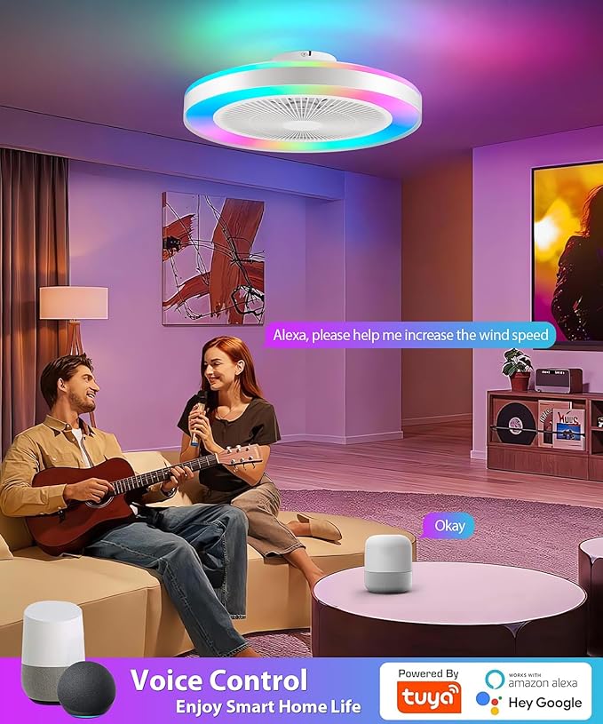 2-in-1 Low Profile Ceiling Fan with Light, 20” Caged Safety Design for Kids - RGB Color, Smart APP/Remote Control, Quiet Flush Mount DC Motor, Metal, Ideal for Bedroom/Living Room/Kitchen, White