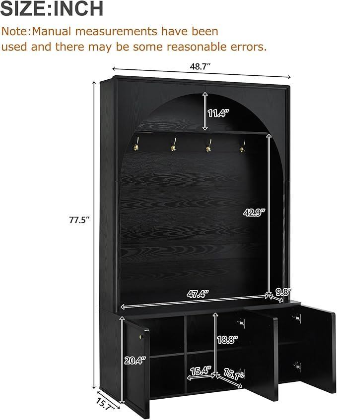 LUMISOL Farmhouse Hall Tree with Storage Bench, Arched Coat Rack with 4 Golden Hooks, Entryway Bench with 3 Cabinets and Adjustable Shelves for Mudroom, Retro Hall Cabinet for Living Room, Black