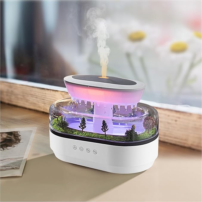 Rain Diffuser 250ML Essential Oil Diffuser, Cloud Humidifier Rain Water Drip Humidifier with Drip Music Micro Landscape Ultrasonic Diffuser for Bedroom (White)