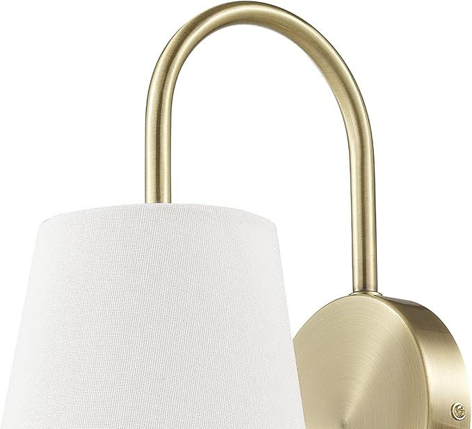 Globe Electric 65000053 1-Light Hardwire or Plug-in Wall Sconce, Matte Brass, White Textured Shade, Arched Arm, Lighting, Home Decor, Lights for Bedroom Plug in