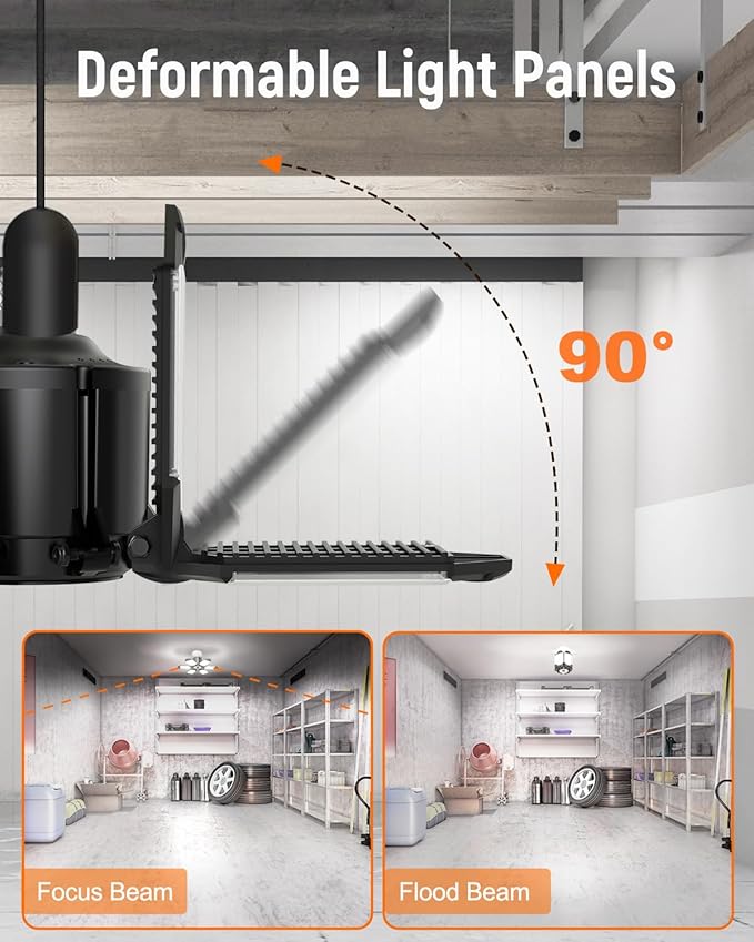 Adiding LED Garage Ceiling Light -10000Lm Deformable Ultra Bright Screw in LED Basement Lights 6500K 6 Adjustable Panels Shop Light fit for E26 E27 Bulb Socket for Workshop Storage Attic Utility Bay