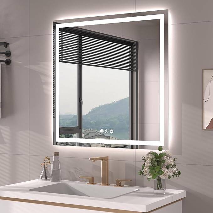 32"X32" LED Bathroom Mirror with Front Lights and Backlit, Anti-Fog, Dimmable, Shatter-Proof Tempered Glass, Lighted Bathroom Vanity Mirror for Wall with 3 Colors, Memory Function