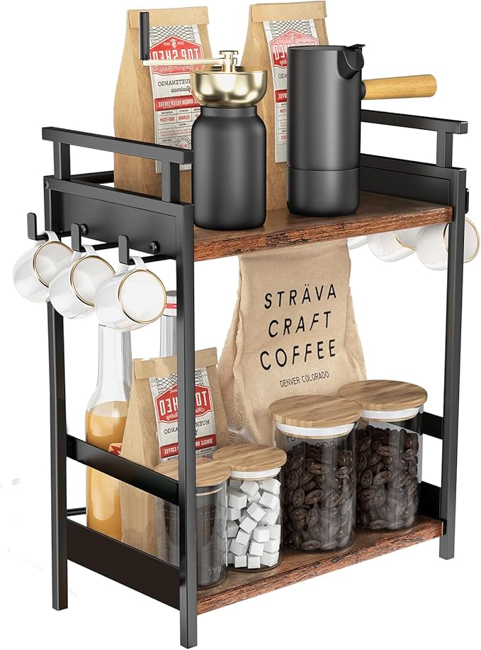 KLM 2 Tier Coffee Bar Organizer for Home Office, Spice Rack for Countertop, Kitchen Counter Storage Shelf with Hanging Basket, Coffee and Tea Condiment Station Organizer