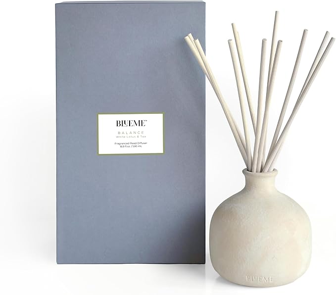 Blueme Balance Diffuser | White Lotus & Tea | 16.91 Fl Oz - Refillable Wellness Diffuser, Contains Essential Oil, Sustainable, Hand Finished, Premium, Luxury Ceramic, Natural Rattan Reeds | Large