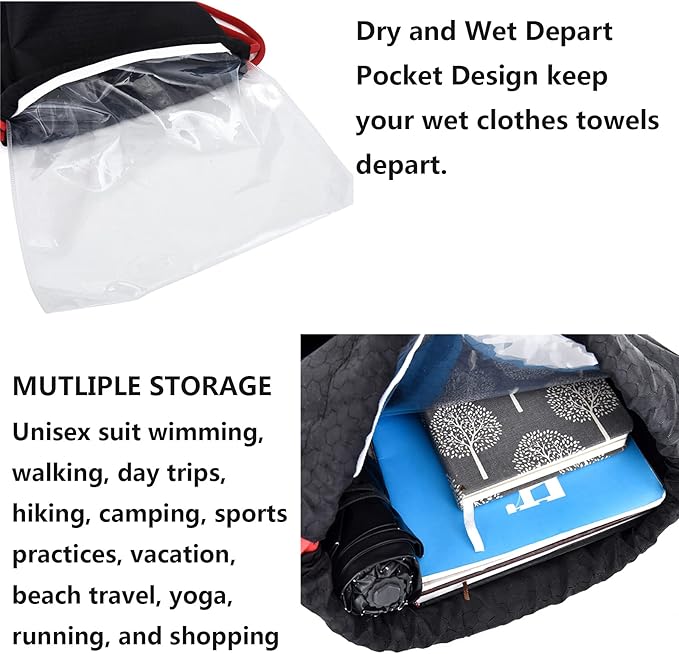 Waterproof Drawstring Backpack Swim Bag Sackpack,Dry Wet Depart,Swimming Gym Yoga Sport Shoulder Rucksack Daypacks Beach Pool Casual Bags (BLACK with RED Drawstring)