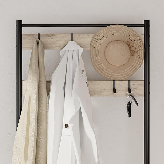 Hall Tree with Bench and Shoe Storage, 3-in-1 Coat Rack, Freestanding Wooden Coat Rack with Shoe Bench with Metal Frame, 3-Tier Storage Shelf and 9 Removable Hooks, Greige