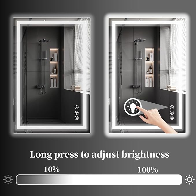 Koonmi 32x48 LED Bathroom Mirror, Backlit + Front Lit, LED Bathroom Mirror with Lights for Wall, 3 Colors, Anti-Fog, Dimmable Brightness, Memory Function, Tempered Glass