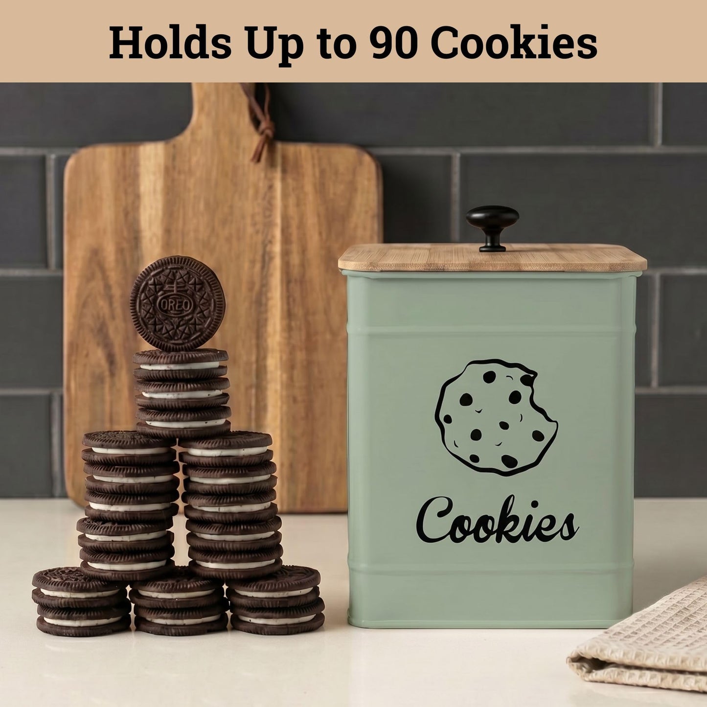 Cookie Jar with Airtight Lid - 1 Gallon - 6"D x 8""H Green Iron Cookie Tin with Bamboo Lid - Large Cookie Jars with Lids Airtight - Farmhouse Cookie Jars for Kitchen Counter Decorative - Cookies Jar"
