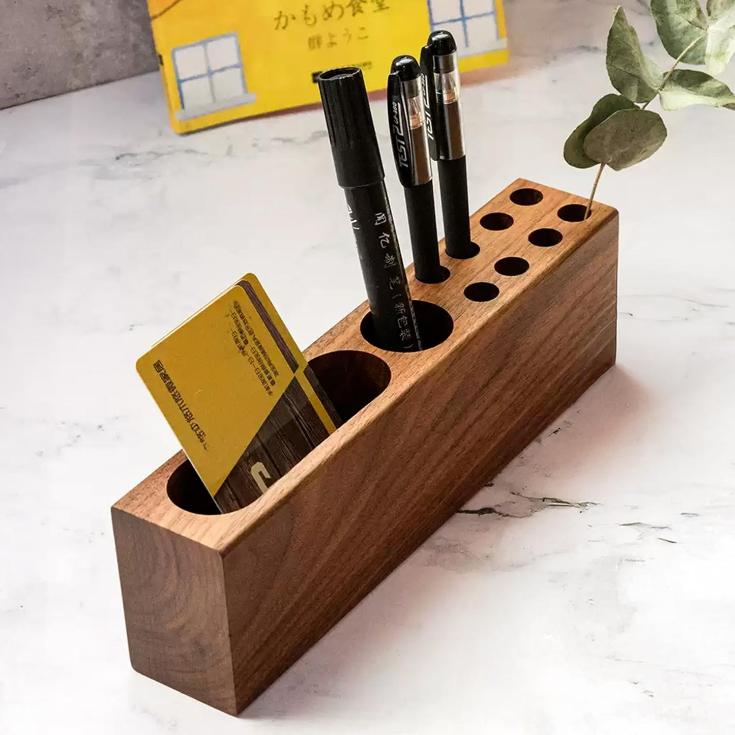 LiTY Pen Holder for Desk, Acacia Wooden Pencil Stand, Solid Wood Business Card Holder, Fountain Pen Organizer, Minimalist Aesthetic Office Stationery Desk Decor