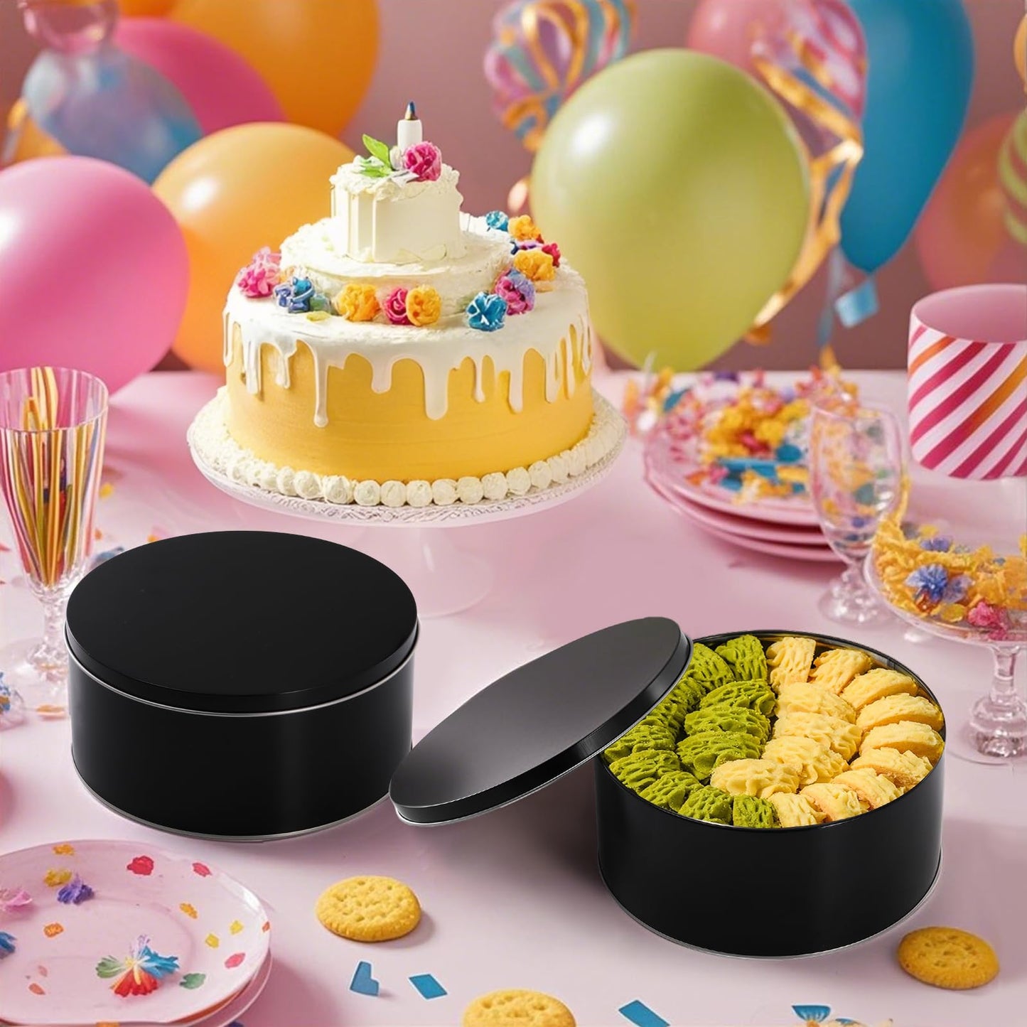 Yopay 3 Pack Cookie Tin with Lid, Round Gift Tin, Black Baking Cake Container for Storing Patisseries, Snack, Chocolate, Easter, Special Occasion, Holidays, 7" Wide by 3.2"" Tall"
