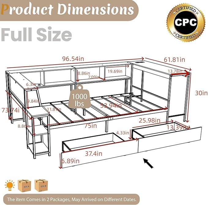 Full Corner Bed Frame with Desk, LED Lights & Charging Ports, L-Shaped Daybed with Storage Drawers, Bookcase & Open Shelves, Modern Full Size Daybed for Kids, Teens & Compact Bedrooms,White