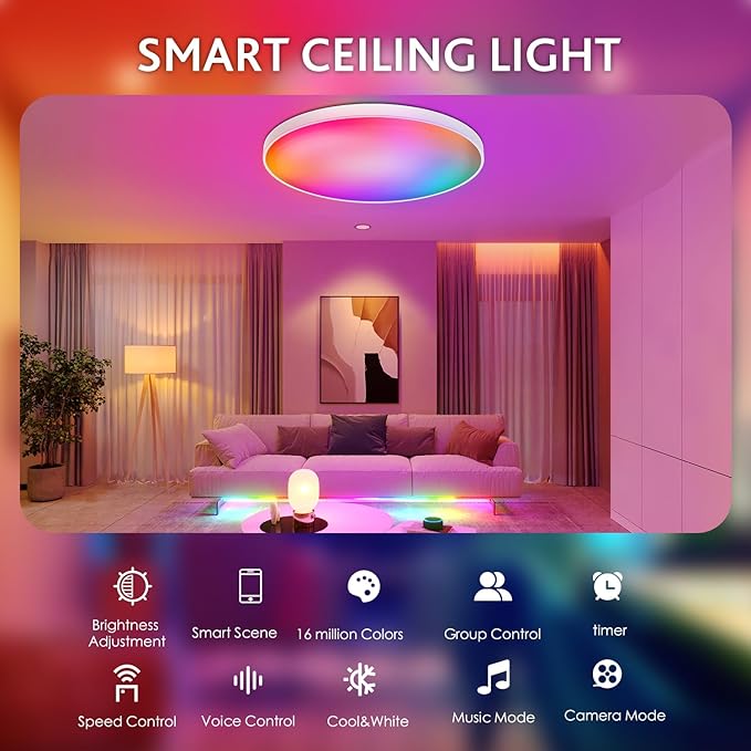 Smart Ceiling Light 30W, 12IN RGBWW LED Panel Light with App & Remote Control, 16M Colors & White (2700K-6500K), Music Sync, Works with Alexa & Google Assistant, for Bedroom, Kitchen, Living Room