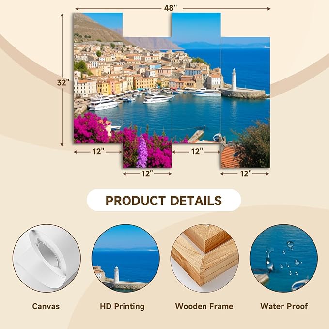 Canvas Wall Art Prints Pictures Symi town cityscape Dodecanese islands Greece Framed Posters Modern Wall Painting Artwork Gift Home Decor for Living Room Ready to Hang 4 Panel