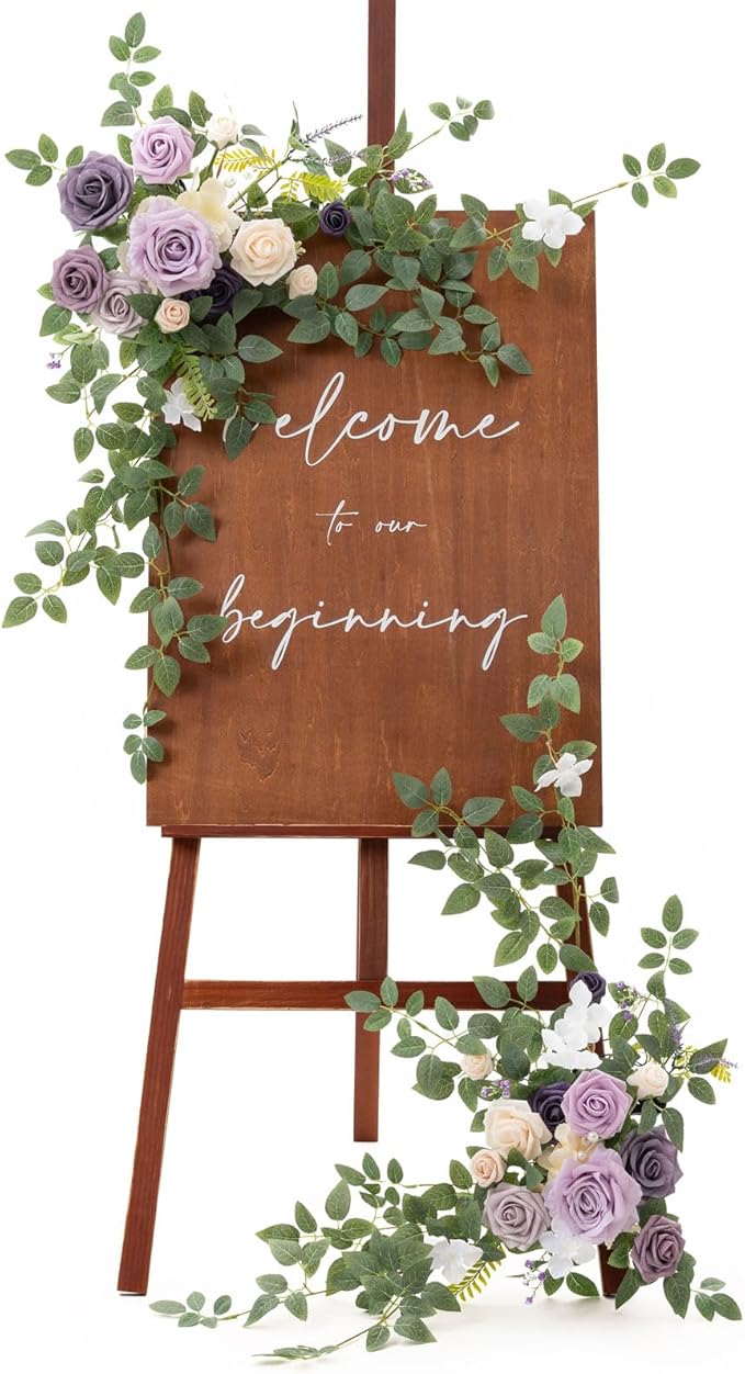 Ling's moment 2pcs Wedding Flowers Garland Artificial Floral Swag Arch Decorations Greenery Arrangements Lilac & Gold Ceremony Reception Garden Easel Wall Home Entryway Outdoor NOT Include Sign