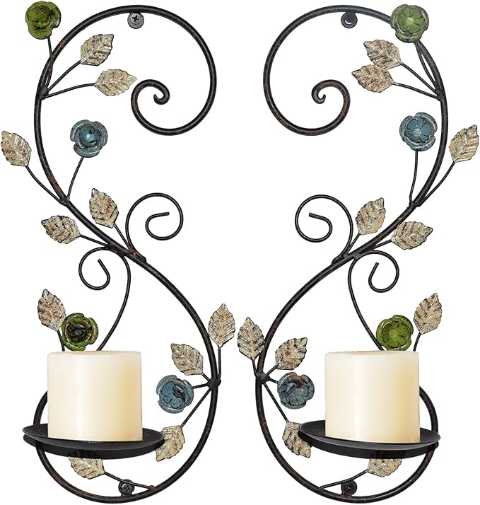 Wall Sconces Candle Holder Set of 2, Antique Multi-Color Leaf Branch Wall Mount Hanging Metal Wall Candle Holder Candle Sconce for Living Room Dining Room…