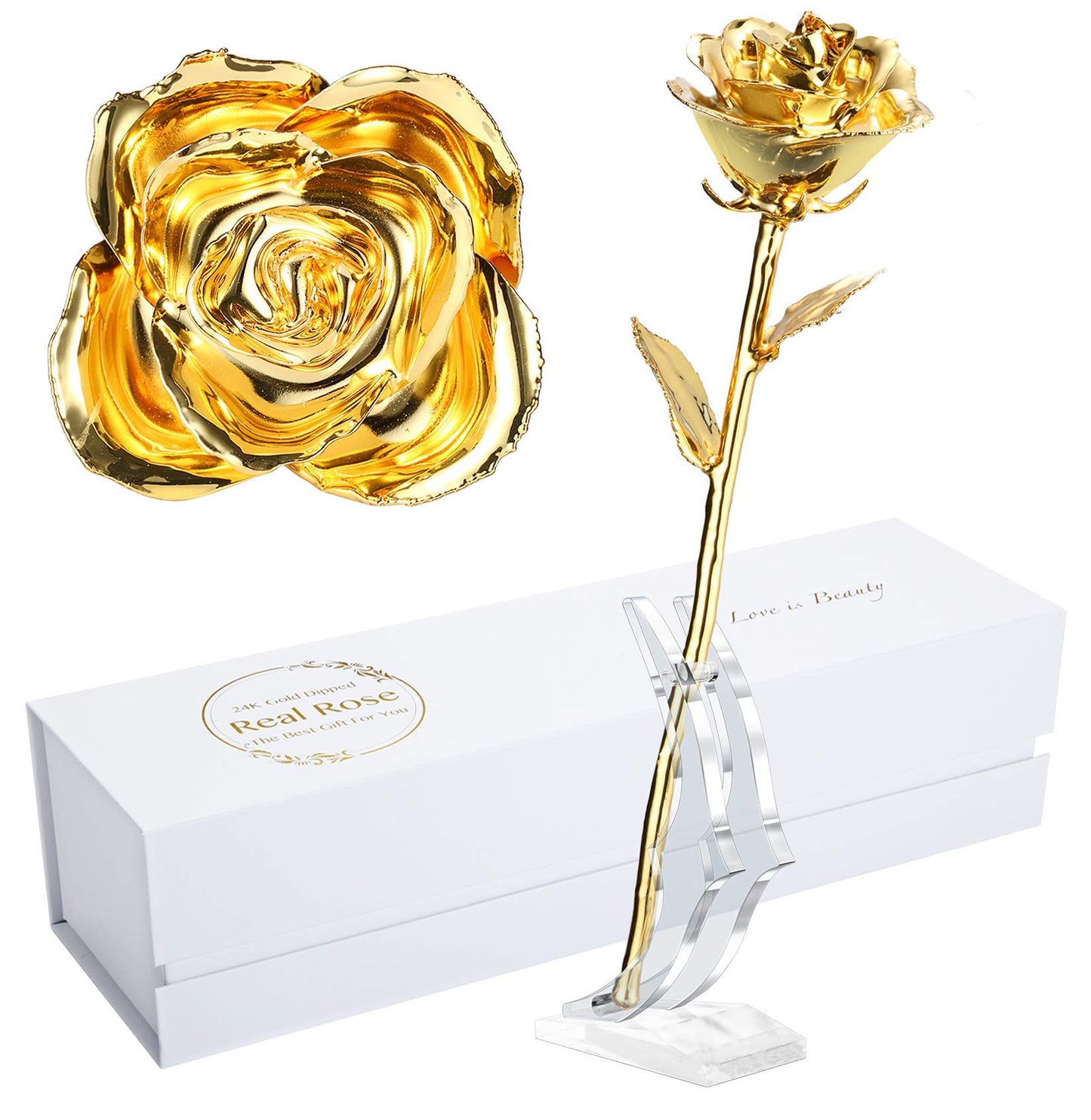 MAXSPT 24K Golden Rose, Gold Dipped Rose Made from Real Rose Best Gifts for her and Great Gifts for My Wife, Golden with Stand