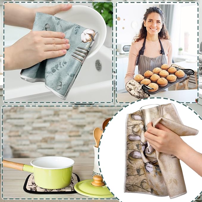 Fourluoo 10 Pcs Farmhouse Kitchen Decor and Accessories Set 4 Kitchen Towels 2 Pot Holders 2 Oven Mitts 2 Rugs for Cooking Baking Mom Housewarming Gifts(Soft Color,Elegant Style)