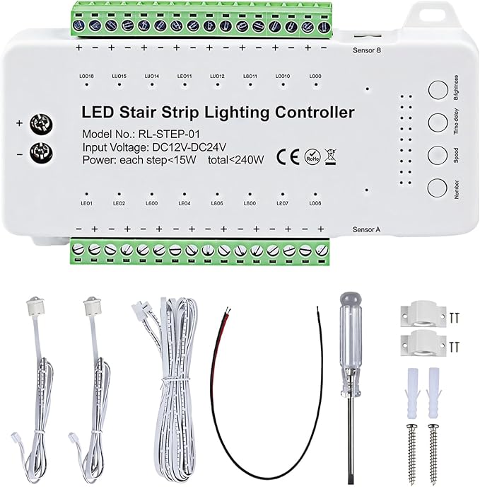 16 Channel Stair Light Controller, LED Motion Sensor with Components, Automatic Stairway LED Controller with Adjustable Brightness and Speed, Safe DC12V-24V Input