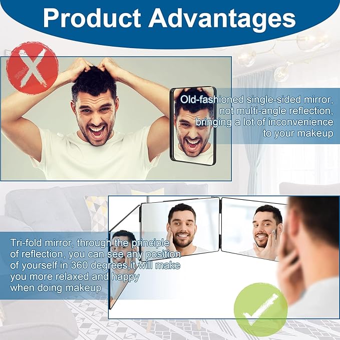 3 Way Mirror for Self Hair Cutting,360 Haircuts Men for Barber Use Tools,to See Back of Head,Tri Fold Mirror with Portable Height Adjustable Telescoping Hooks (6.7" x 10.8")