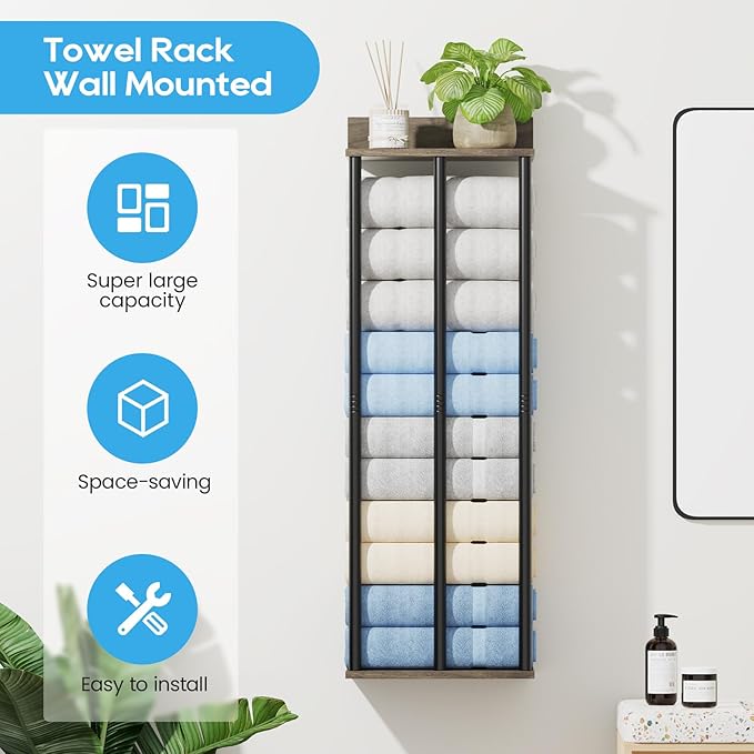 Towel Racks for Bathroom Wall Mounted with Wooden Storage Shelf, Updated 3 Bar Metal Towel Holder for Rolled Towels, Sturdy and Large Capacity, Towel Storage Organizer