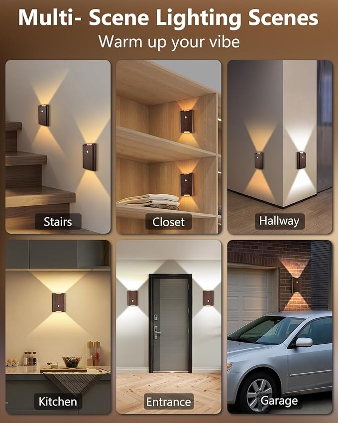 4 Pack Rechargeable Motion Sensor Wall Sconce – 5000mAh Wireless Battery Operated Wall Light Indoor, 3 Colors Up/Down Lighting Magnetic Night Light with Remote Control for Bedroom, Hallway (Walnut)