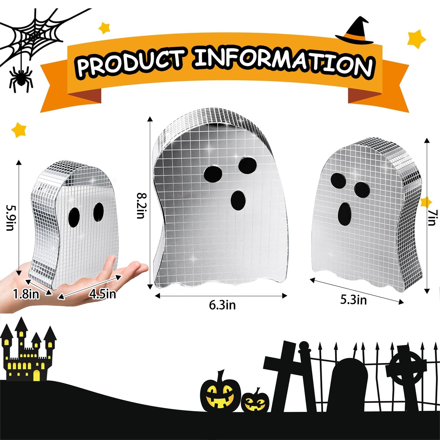 3 Pcs Halloween Disco Ghost Decor,5.9" 7"" 8.2"" Ghost Mirror Disco Ball Indoor Glitter Spooky Ghost Sign Halloween Tiered Tray Decor Mosaic Table Centerpiece for Party Gift (Silver)"