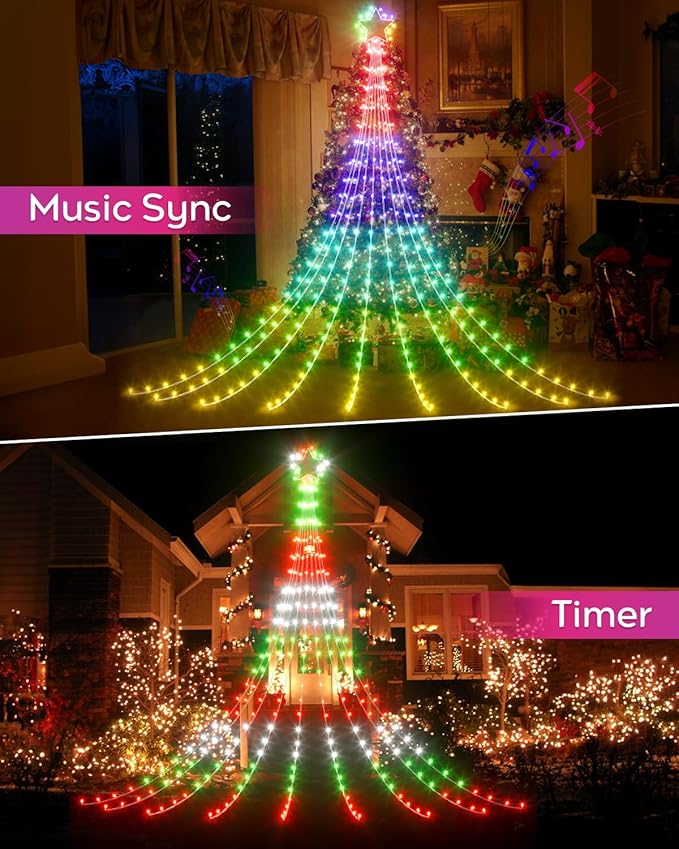 Smart Valentine's Lights Outdoor - 16.5ft App Controlled Color Changing LED Star String Lights with Music Sync, Custom Text & Pattern Design, 100+ Effects, Waterfall Star for Yard, Garden, Home Decor