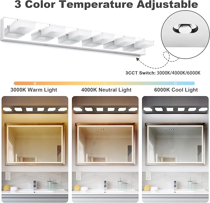 3 Colors Dimmable Bathroom Light Fixtures Over Mirror, LED Chrome Vanity Lights, Acrylic Stainless Steel 6 Light Bathroom Vanity Light, Adjustable 3000K/4000K/6000K, 360° Rotate