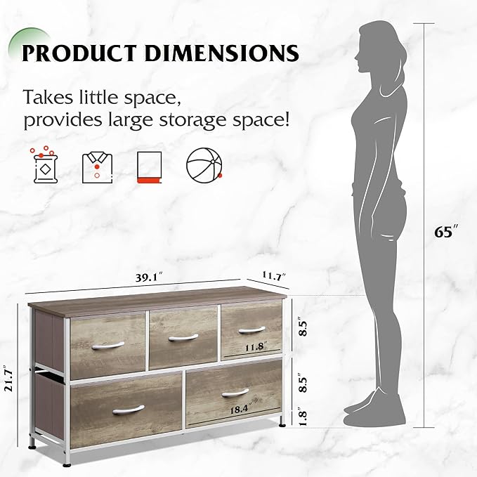 WLIVE Dresser for Bedroom with 5 Drawers, Wide Chest of Drawers, Fabric Dresser, Storage Organizer Unit with Fabric Bins for Closet, Living Room, Hallway, Greige Oak