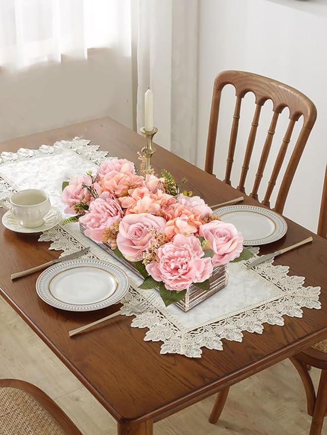 Flower Arrangement with Wooden Vase 14" Artificial Flowers in Pot - Fake Flowers Roses Peonies Hydrangeas in Wooden Vase Potted Artificial Flower Centerpieces for Table Decor Living Room - Dusty Pink