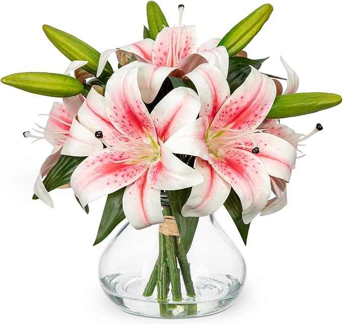 Artificial Flowers Tiger Lily Real Touch with Vase Easter Lily Pink Lilies Silk Faux Flowers Arrangements in Glass Vase with Faux Water Easter Decor Fake Floral Bulk Bouquet for Office Home Decor