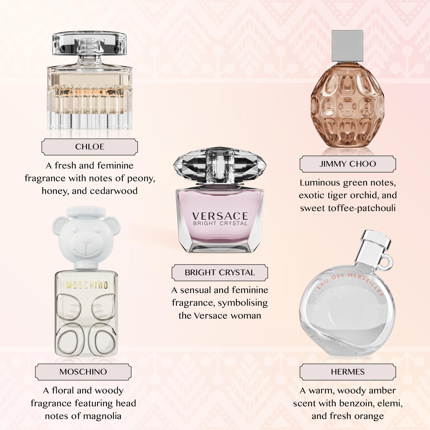 Scentown Mini Perfumes for Women (Giftset Bundle of 5) – Designer Perfume Samples for Women Packed in an Elegant Gift Box – Bundle Includes Moschino, Jimmy Choo, Chloé, Hermes & Versace