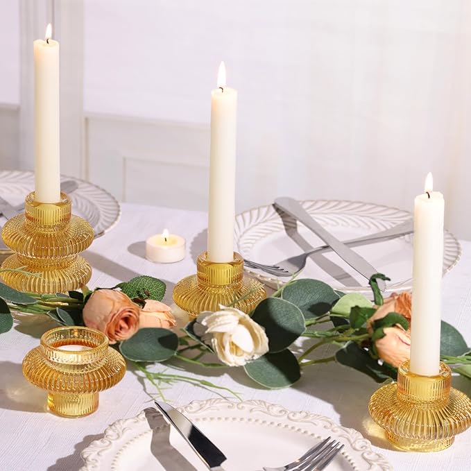 Candlestick Holders Taper Candle Holders, Gold Candle Stick Candle Holder for Wedding, Ribbed Tealight Candle Holders for Bridal Shower Party Table Decor, Modern Home Decor (8 Pcs, Gold)