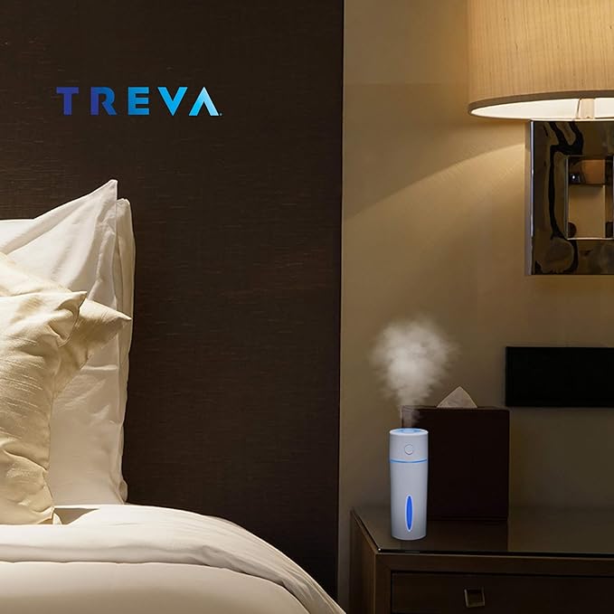 Treva Portable Mini Humidifier 150 ml Capacity, Cool Mist Ultrasonic Humidifier with Colored Light, USB Powered, Whisper Quiet with 2 Misting Modes