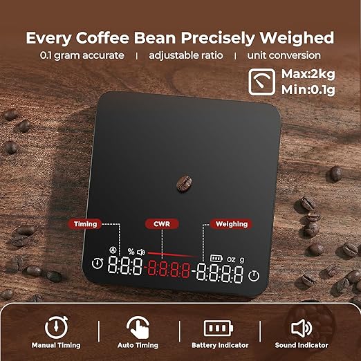 Mini Coffee Scale with Timer - VABICA USB-C Rechargeable Espresso Scale 2kg/0.1g High Precision Scale for Espresso & Pour-Over Coffee, Auto Timing, Water Ratio, Portable Digital Coffee Scale (Black)