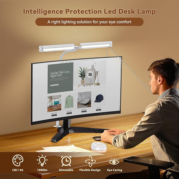 Led Desk Lamp with Clamp: Architect Desk Lamp for Home Office, Eye Caring Double Head Computer Monitor Gooseneck Desk Light with Remote Control - 24W Flexible Dimmable Desktop Table Lamp White