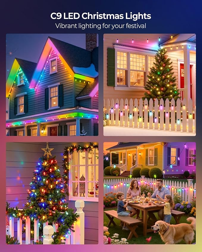 YAYZA! Smart C9 Christmas Lights Outdoor, 200 LED 130 FT RGB C9 String Lights with APP & Remote Control, 105 Modes, Music Sync, Connectable Waterproof Christmas Lights for Roofline Patio Xmas Decor