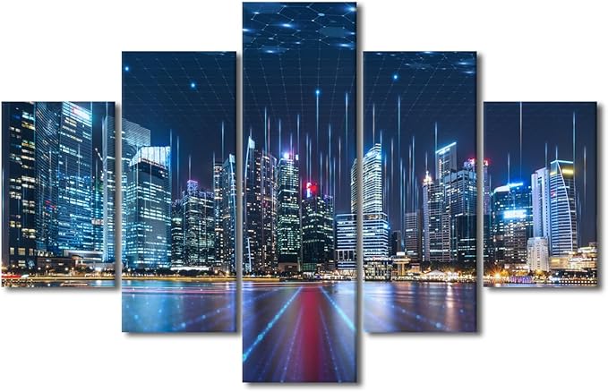 Canvas Art for Bedroom Native Americans Home Decoration Modern Smart City and Digital Picture Printing Teacher Living Room Office Wall Artwork 5 Panel Abstract Point Poster Ready to Hang 60x40 Inch