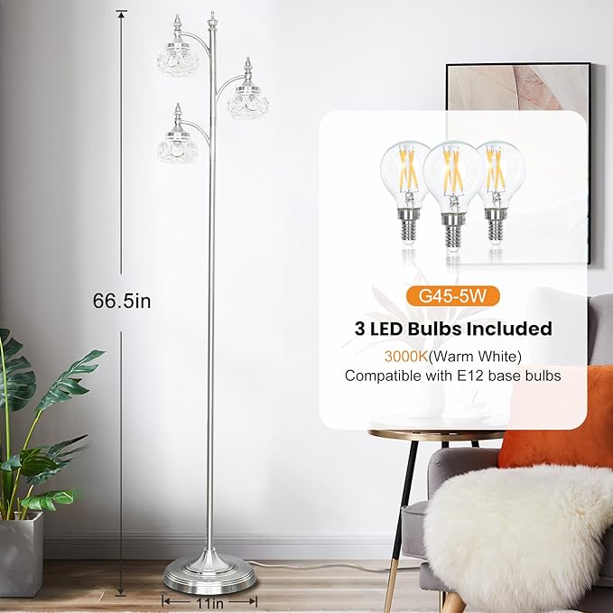 Brushed Nickel Floor Lamp 66.5'' Tall Standing Lamp Dimmable Tree Floor Lamps with 3 LED Lights Glass Shades Silver Lamp for Living Room Bedroom Office(3 Bulbs Included)