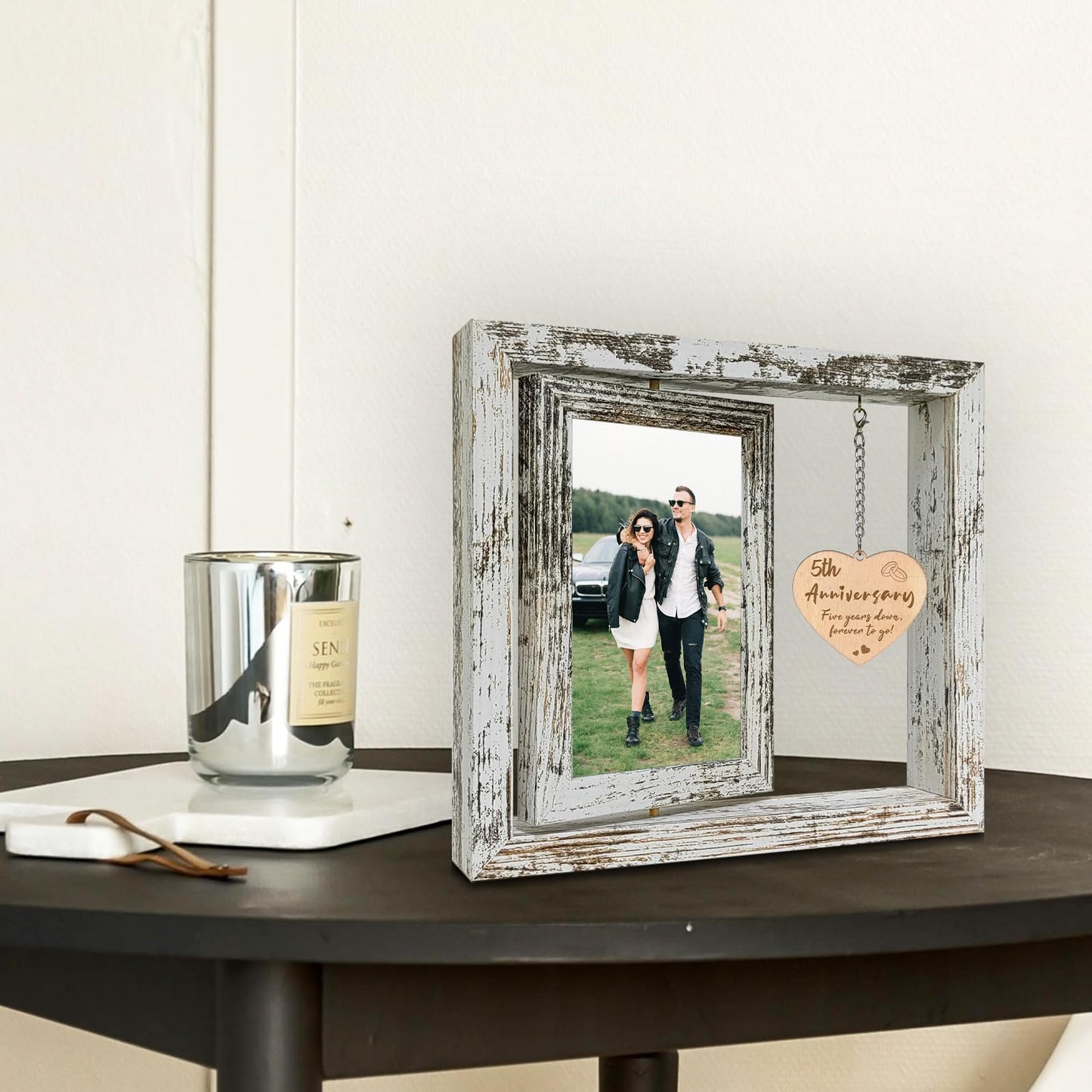 5 Year Anniversary Rotating Picture Frame for Her, Wood 5th Wedding Anniversary Photo Frame gifts for Wife Husband Him Couple, Display 2 6x4