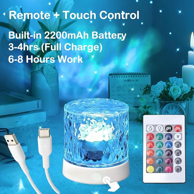 Rechargeable Shower Lights for Inside Shower-Ocean Wave Projector Light for Bathroom Bath Tub-Cordless LED Bathroom Lights 3D Water Ripple Light Ocean Lamp for Bathtub Relaxing Spa,Northern Aurora