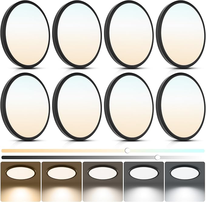 12 Inch Flush Mount LED Ceiling Light, 24W 2640LM Dimmable, 5CCT Selectable (2700K-6500K), Ultra-Slim Flat Panel Fixtures for Bedroom Kitchen Hallway, Black, 8Pack