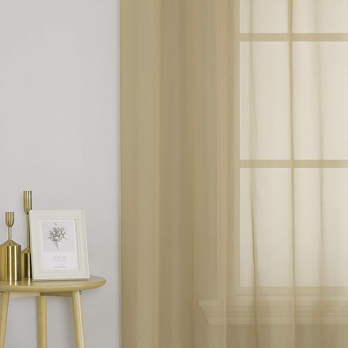 KEQIAOSUOCAI Tan Sheer Voile Window Treatment Grommet Top Curtain Panels for Bedroom and Living Room (54 x 63 inches Long, Set of 2)