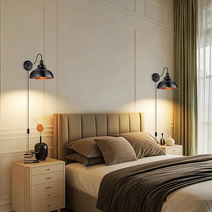 Lightess Dimmable Wall Sconce Plug in, Industrial Farmhouse Sconce with Dimmer On Off Switch, Black Barn Light Gooseneck Light Fixture, OLB11