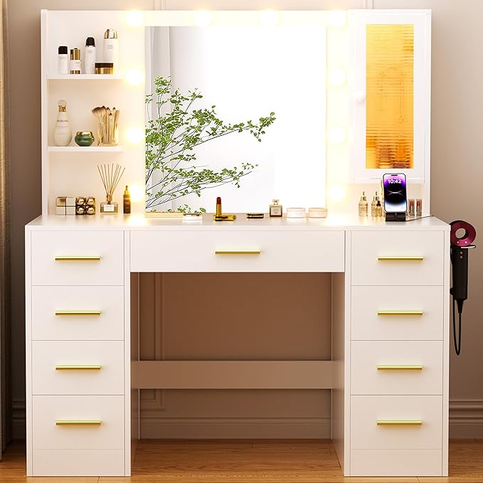 Vanity Desk with Mirror and Lights, Large 43" White Makeup Vanity Desk with 9 Drawers and Power Outlet, 3 Open Shelves and 1 RGB Lighting Cabinet, White and Gold
