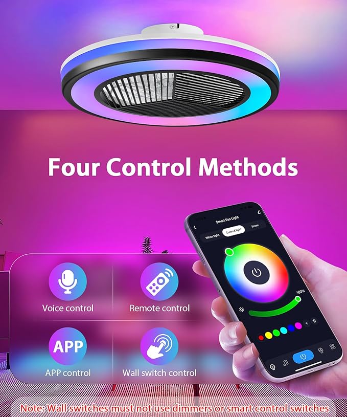 2-in-1 Low Profile Ceiling Fan with Light, 20” Caged Safety Design for Kids - RGB Color, Smart APP/Remote Control, Quiet Flush Mount DC Motor, Triangle, Ideal for Bedroom/Living Room/Kitchen, Black