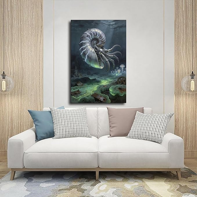Framed Steampunk Mechanical Nautilus Wall Art - Underwater Industrial Poster for Man Cave Studio Decor 16x24inch(40x60cm)